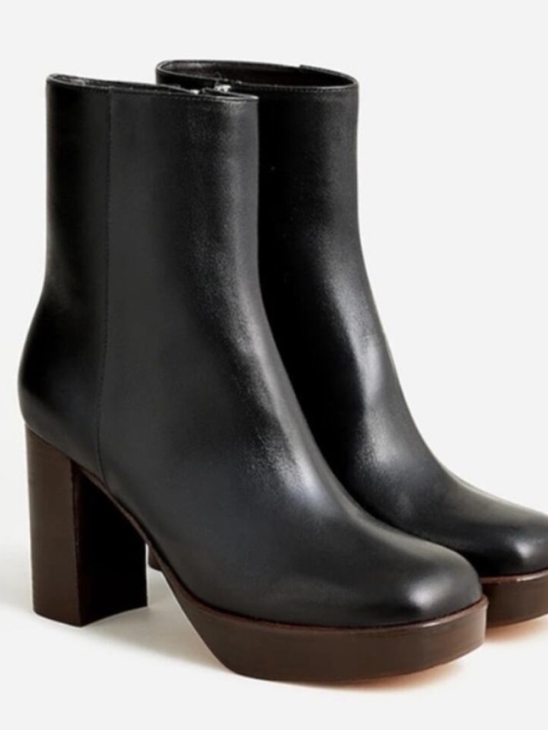 J. Crew Black Leather Stacked Heel Platform Boots
